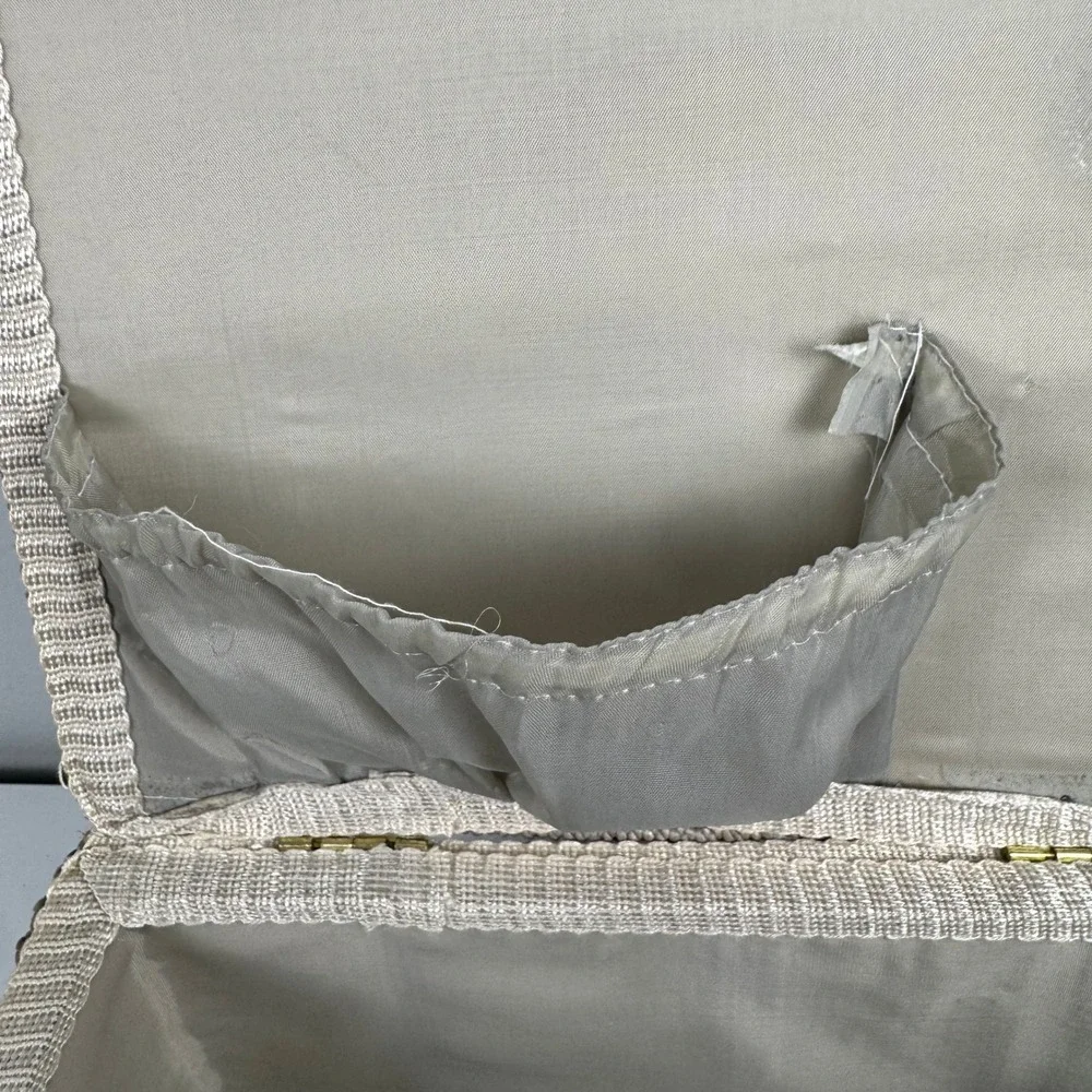 Vintage Woven Sewing Basket Damask Padded Lid Taupe Craft Organizer Box Handle